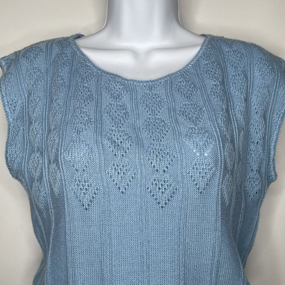 Vintage 80s Keneth Too Baby Blue Pointelle Knit Cap Sleeve Sweater - Picture 2 of 8